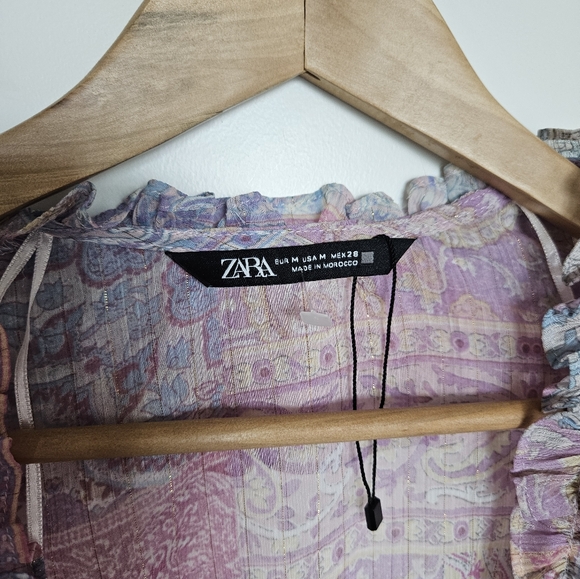 ZARA PAISLEY BLOUSE RUFFLE TOP PATCHWORK TIE FRONT CROP SHIRT BOHO SZ M - Picture 3 of 5